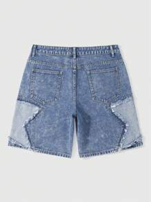 ROMWE MEN Street Life Summer Casual Men'S Star Patch Pocket Casual Denim Shorts Jorts - Blue - View 2