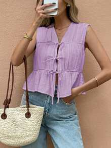 SHEIN Frenchy Áo cánh không tay cổ chữ V buộc phía trước màu trơn cho nữ - Màu tím hoa cà - Xem 3