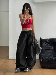 Coolane Women's & Men's Summer Streetwear Sport Cargo Game Day Going Out Casual Drawstring Elastic Waistband Baggy Parachute Low Rise Banana Pants - Black - View 4