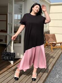 Dazy Plus Color Block Round Neck Short Sleeve A-Line Long Dress, Summer - Black - View 6
