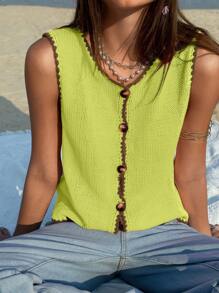 Jouncy Women's Single-Breasted Round Neck Sleeveless Casual Knit Top - Olive Green - View 6