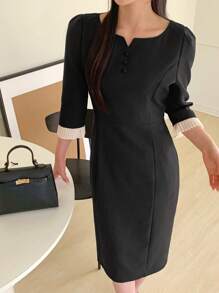 DAZY Damen Mittellang Kleid mit Patchwork Farbblöcken und Ärmeln in Mittellänge