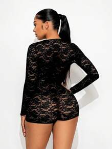 BamGleam 女式纯色透明蕾丝长袖紧身连衣裤 - 黑色 - 查看 2
