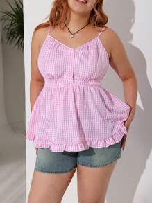 Comfortcana Große Größen Sommer rosa kariertes Camisole-Top mit Volant-Saum