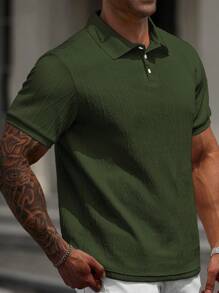 Manfinity Homme 大尺碼男士紋理短袖休閒通勤 Polo 衫，正式款 - 綠色 - 查看 3