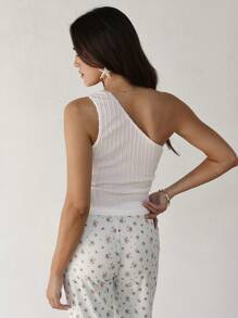 Roylia Women's Spring & Summer Fashionable One Shoulder Halter Knitted Cable Sleeveless Top, Asymmetrical Hem Fitted Slim Tank Shirt With Side Buttons - White - View 2