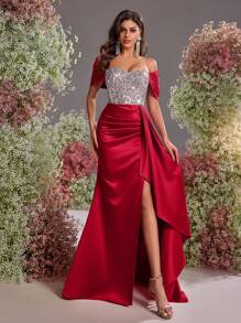 Glamrae Váy dài đuôi cá xẻ tà bằng vải satin đính hạt đàn hồi màu bạc sang trọng, thanh lịch, sang trọng trễ vai, viền xếp nếp, thích hợp cho đám cưới, tiệc tùng, câu lạc bộ, ngày lễ, váy dạ hội (được trang trí nhiều chi tiết) - Đỏ - Xem 1