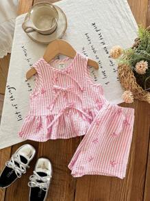 SHEIN LMoss Kids 女婴可爱夏季粉色和白色条纹蝴蝶结无袖上衣和松紧腰短裤套装 - 粉色 - 查看 7