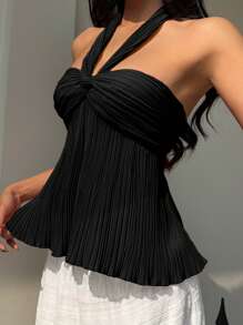 SHEIN EZwear 女士优雅黑色纹理露背无袖上衣，夏季休闲装 - 黑色 - 查看 8