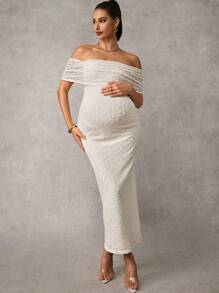 MaterniChic Elegant Off Shoulder Maternity Sun Dress - Apricot - View 1