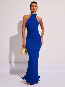 COSMINA Vestido largo de mujer en unicolor, de moda para el verano - Azul - Ver 3