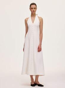 SHEIN Unity 女士性感露背 V 领束腰中长连衣裙 - 白色 - 查看 4