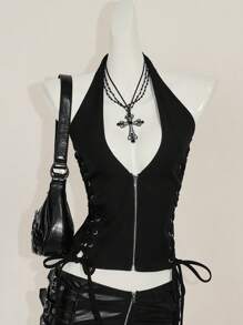 SHEIN ICON 夏季 Y2K V 领外出演唱会女士演唱会黑色哥特性感索环纯色时尚侧交叉带露背背心，夏季