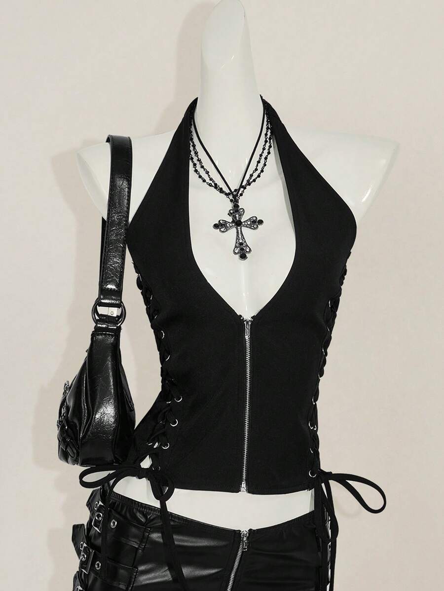 SHEIN ICON 夏季 Y2K V 领外出演唱会女士演唱会黑色哥特性感索环纯色时尚侧交叉带露背背心，夏季
