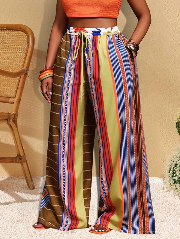 Slaydiva Women Plus Size Loose Fit Patterned Trousers - Suitable For Music Festival, Easter, Boho, Western, Nashville, Birthday Party, Graduation, Students, Casual Outings, All-Match Wardrobe, Leisure, Vacation, Cruise Travel, Beach, Sunbathing, Fashionable, Casual Resort, Tropical Print, Beach Resort, Green & Blue Colorblock Stripes Abstract Textured Stripes Geometric Print, Placement Print, Plus Size Pants
