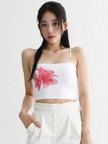 DAZY Women Plus Size Floral Print Spaghetti Strap Cropped White Tank Top - White - View 3