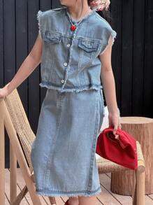 Dazy Kids 青少年女孩牛仔两件套服装 - 淺色水洗藍 - 查看 7