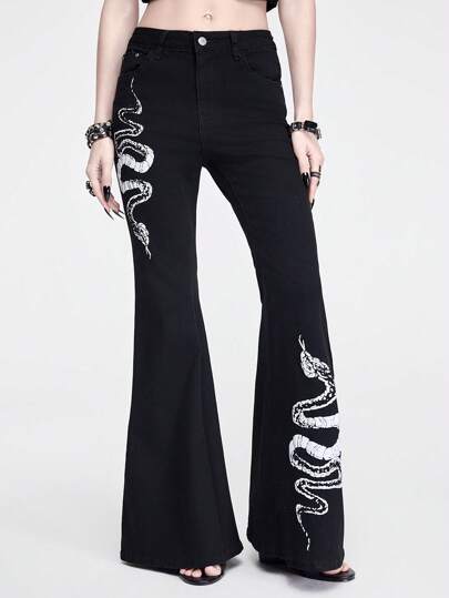 Grunge Punk Jeans évasés à imprimé peau de serpent, pour l'été