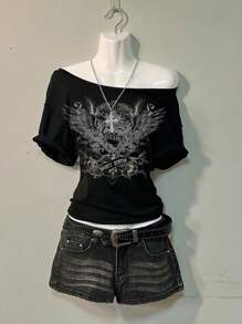 Attitoon Casual Simple Grunge Style Heart Wings Pattern Dropped Shoulder Women T-Shirt, Suitable For Summer, Vacation Style Off The Shoulder Top - Black - View 8