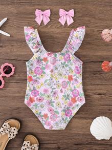 SHEIN Young Girl Ditsy Floral Ruffled Crew Neck One-Piece Swimsuit - Baby Pink - View 5