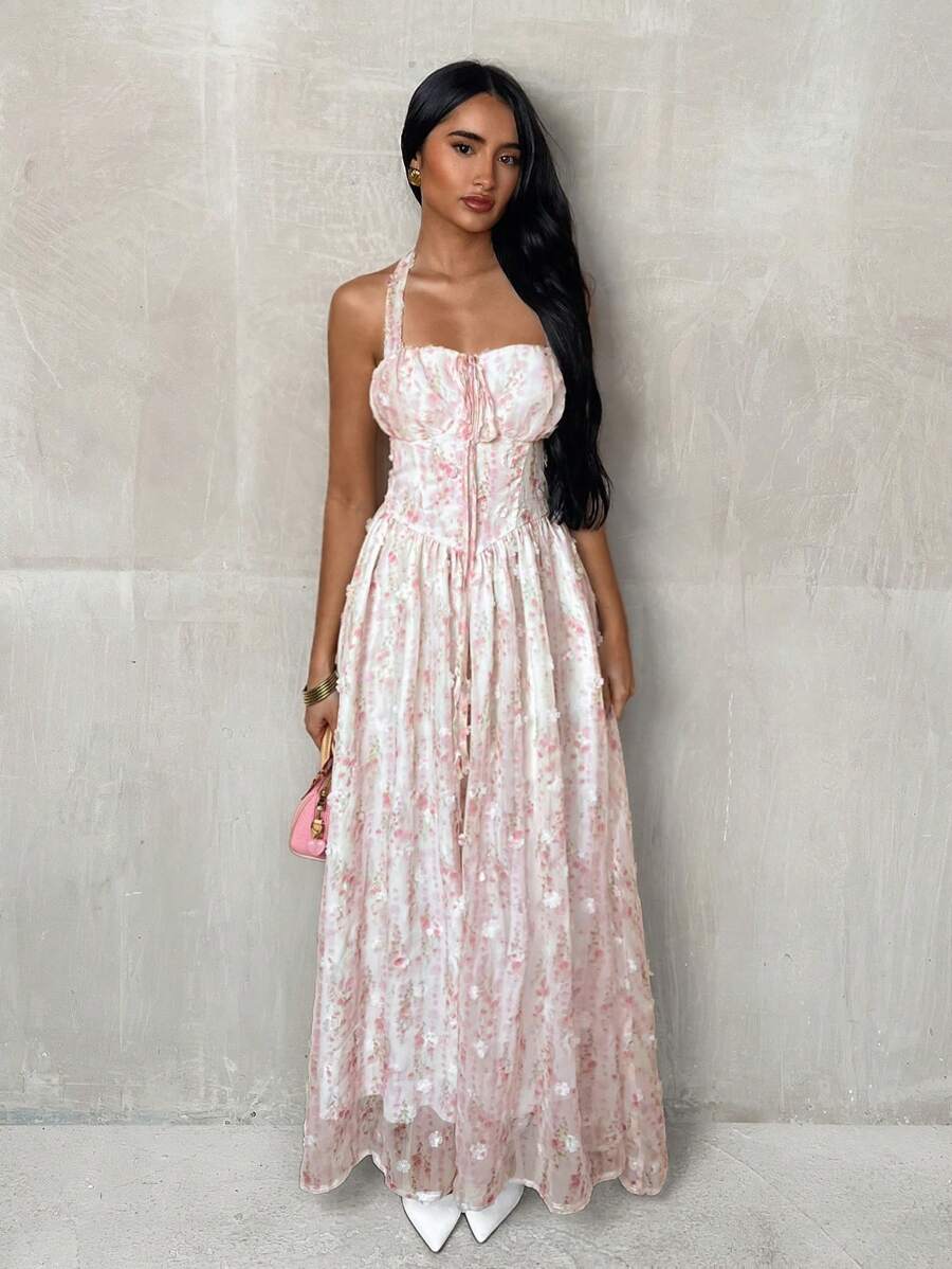 Glamine Váy Maxi in hoa lãng mạn cho nữ, không tay, cổ cao, xẻ eo, dáng chữ A, thích hợp mặc hàng ngày/đi nghỉ vào mùa xuân/hè - Hồng - Xem 1