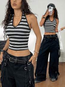 Coolane 女士夏季 Y2K 日常穿着演唱会 Gyaru 街头服饰音乐节约会之夜条纹短款修身挂脖无袖短款背心 - 彩色 - 查看 1