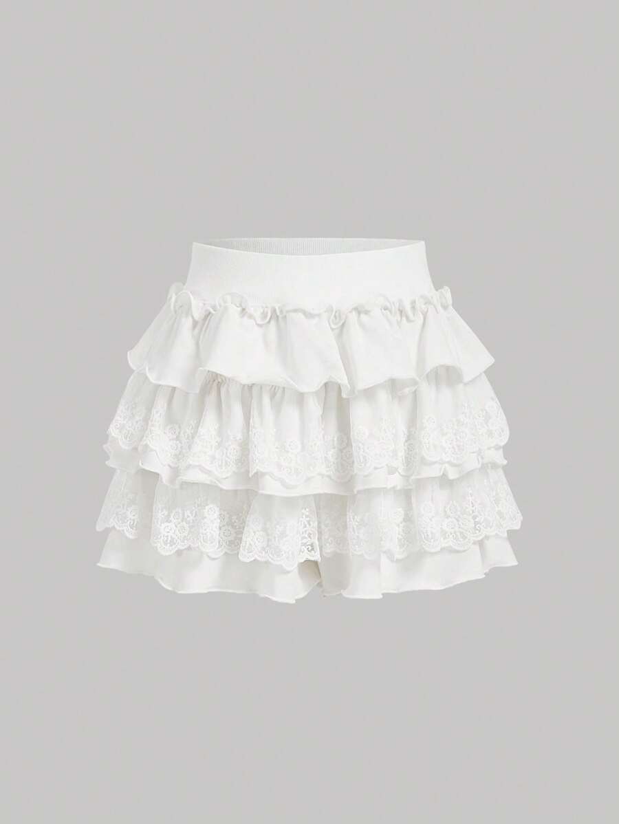 SHEIN MOD Women's White Lace Patchwork Ruffled Hem Knit Shorts Skirt Women Short Set Ruffled Skirt Skirts With Shorts White Ruffle Skirt Skirt With Shorts