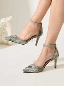 CUCCOO CHICEST Green Stiletto High Heel Sexy Lace Net Versatile Ankle Strap Pointed Toe Hollow-Out High Heel Pumps For Women For Christmas - Green - View 2