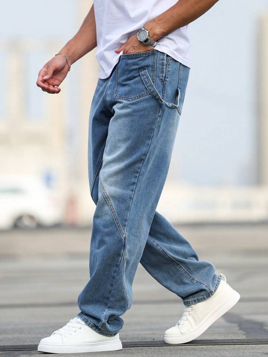 Manfinity Homme Men's Casual Regular Fit Distressed Straight Leg Jeans  Blue Jeans - Dark Wash - View 1