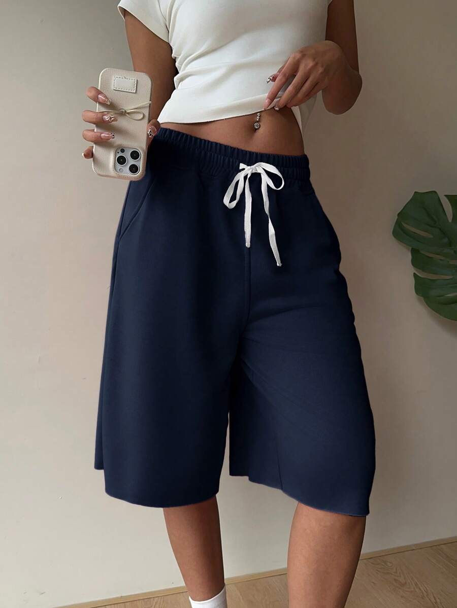 SHEIN EZwear 海军蓝针织宽松阔腿百慕大短裤,夏季 - 藏蓝色 - 查看 1