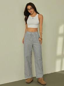 SHEIN PETITE 条纹荷叶边腰直筒九分裤，休闲度假波西米亚风长裤 - 黑與白 - 查看 6