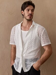 GENTILAND Young Men's Casual Loose Knit Lace Short Sleeve Shirt, Daily Wear