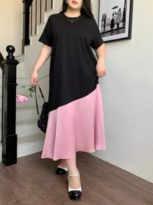 Dazy Plus Color Block Round Neck Short Sleeve A-Line Long Dress, Summer - Black - View 5
