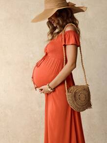 Boho Mama Bohemian Maternity Off-Shoulder Ruffled Hem Short Sleeve Solid Color Dress - Rust Brown - View 3