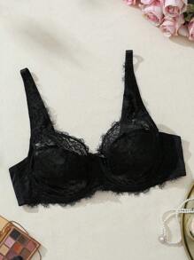 SHEIN Elegant Plus Size Black Lace Sheer Unlined Full Coverage Bra With Wide Support Straps For Women - Black - View 7