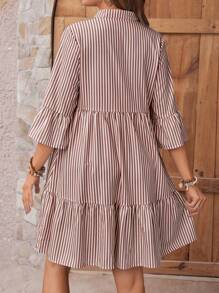 SHEIN Women 3/4 Sleeve Stand Collar Striped Shirt Dress Maternity Dress - Brown - View 2