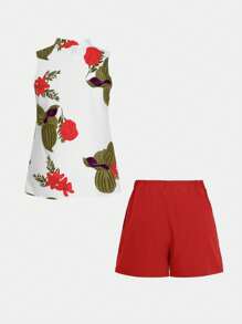 EMERY ROSE 2 件套女士休闲花卉印花 V 领无袖上衣和纯色短裤 - 紅色 - 查看 7