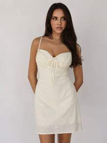 Roylia Women Solid Color Eyelet Embroidered Knot Front Shirred Cami Dress - Yellow - View 4