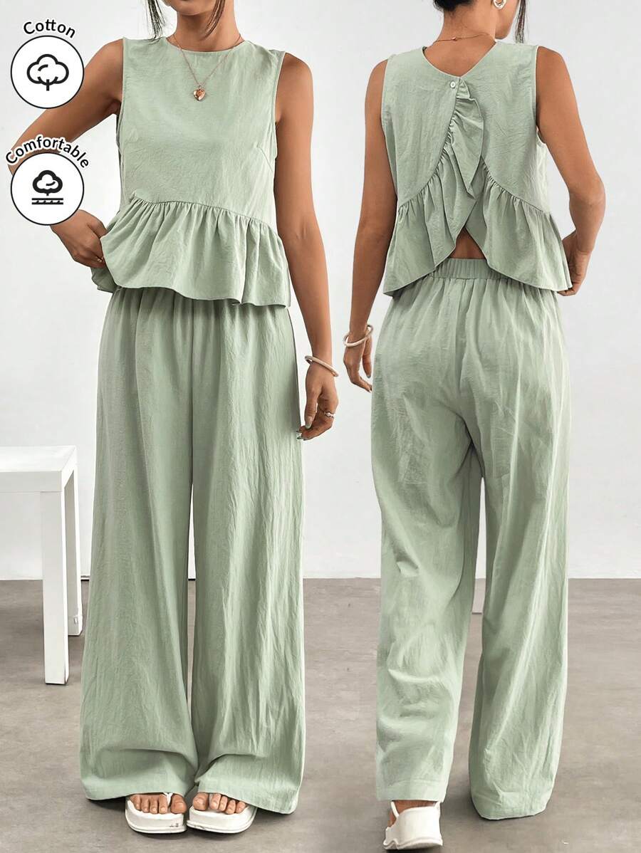SHEIN EZwear 2pcs Women Green Plaid Woven Crop Top With Ruffle Hem And Pants Set - Green - View 1