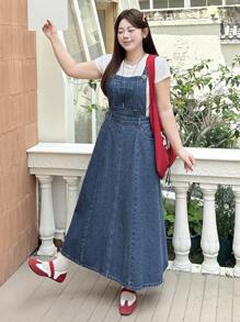 Dazy Plus Dark Washed Denim Pinafore Dress, Suitable For Spring, Summer, And Year-Round Layering
