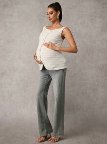 MaterniChic Elegant Plain Maternity Tank Top With Button Decor Summer Clothes - Apricot - View 4