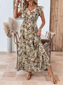 SHEIN LUNE Vestido largo informal de mujer con manga de tapeta, cintura con cordón ajustable, falda con volantes en el bajo y estampado de ubicación, perfecto para vacaciones