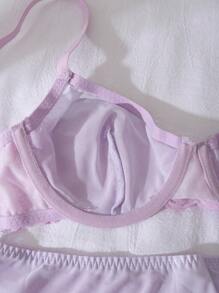 DelicateAllure 3pcs Set Romantic French Style Lace-Paneled 3/4 Cup Underwire Bra Lingerie Set, Purple - Lilac Purple - View 4