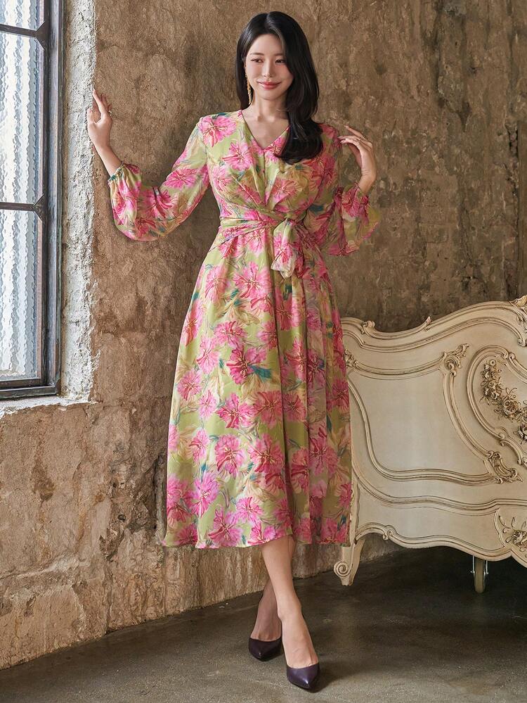 V-Neck Floral Print Lantern Sleeve Belted Mid-Length Dress For Women,Fall Dress Long Sleeve Dress Boho