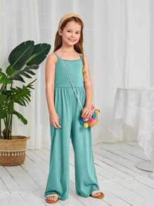 SHEIN Leap Crew Tween Girl Solid Color Fitted Casual Jumpsuit - Cadet Blue - View 6