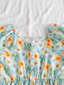 SHEIN Robe à manches bouffantes simple, à la mode et fraîche avec imprimé numérique de fleurs. Convient pour les vacances d'été et la tenue de plage - Multicolore - Voir 4
