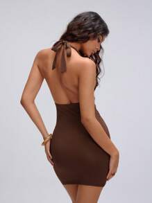 TRNVIE Vintage Inspired Brown Printed V-Neck Backless Mini Dress For Women, Suitable For Vacation & Summer - Coffee - View 2