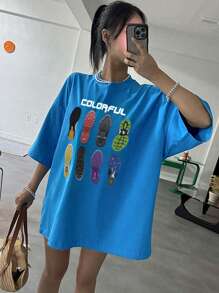 DAZY Women's Loose Pattern Printed Streetwear T-Shirt Graphic Tee - Blue - View 9