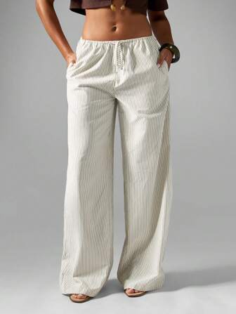 MISSGUIDED Pantalon palazzo rayé à jambes larges, tenue de plage d'été, vêtement de vacances léger à cordon de serrage, détente estivale, sensation de lin décontractée, style côtier printanier