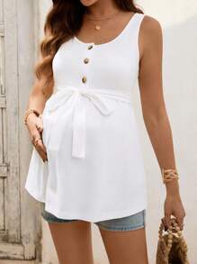 SHEIN Maternity Solid Color Button Half Placket Knotted Waist Casual Tank Top - White - View 5